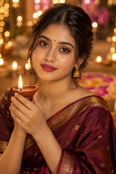 Young Odia woman with glowing Deepawali makeup — gold eyelids and soft red lips — holding a lit diya with warm festive bokeh behind her