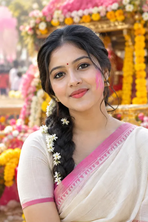 Young Odia woman in an off-white cotton saree with a light streak of pink abira on her cheek and a fresh, waterproof Dola Purnima makeup look