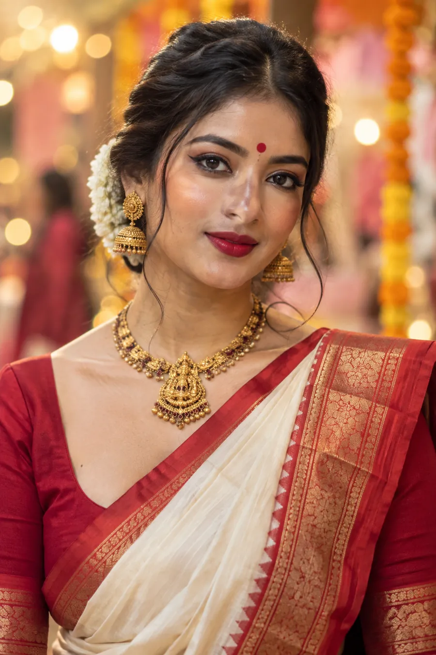 Young Odia woman in a red-border white saree with classic Durga Puja makeup — winged liner, red lips and red bindi — against glowing pandal lights