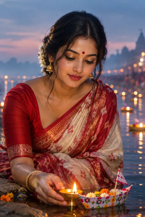 Young Odia woman holding a diya at dawn on Kartika Purnima, wearing a Khandua silk saree and a dewy Boita Bandana makeup look