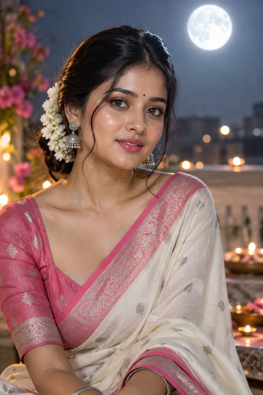 Young Odia woman in a cream saree with soft pearl-glow Kumar Purnima makeup and silver jewellery under a bright full moon