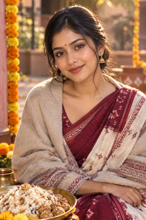 Young Odia woman in a Kotpad handloom saree with a hydrating honey-bronze Makar Sankranti makeup look in winter sunlight