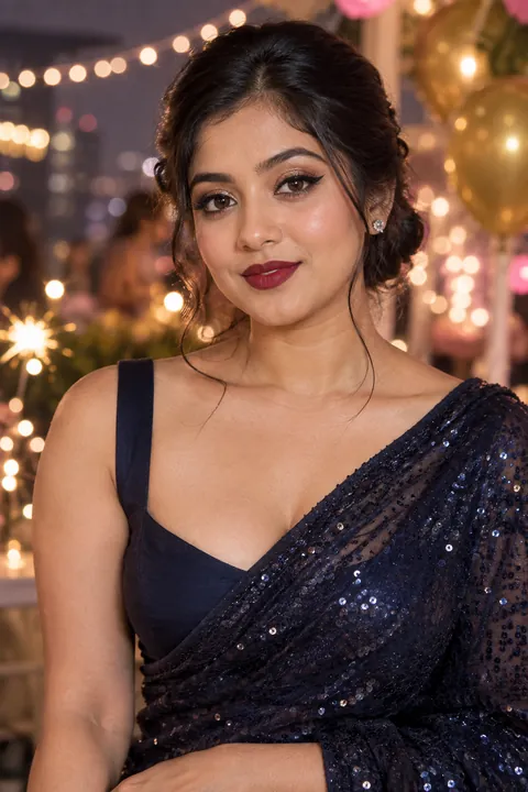 Young Odia woman in a midnight-navy sequinned saree with champagne glitter eyes and wine-red lips for a New Year's Eve party in Bhubaneswar