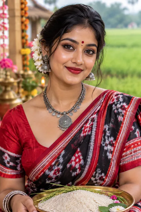 Young Odia woman in a red and white Sambalpuri ikat saree with silver jewellery and a warm, sweat-proof Nuakhai makeup look