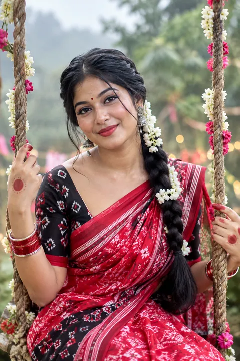 Young Odia woman in a bright Sambalpuri cotton saree with fresh Raja Parba makeup and red alta, sitting on a rope swing under green monsoon trees