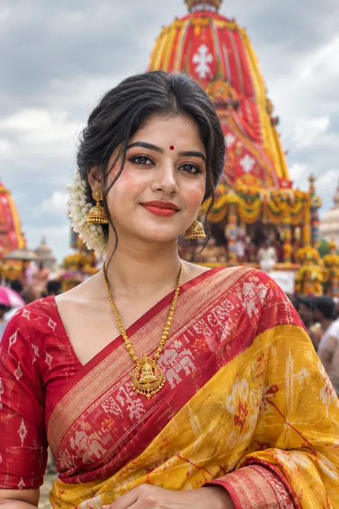 Young Odia woman in a Khandua silk saree with fresh, rain-ready Rath Yatra makeup and red bindi, a decorated chariot softly blurred behind her