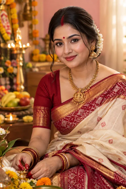 Young married Odia woman in a red-border silk saree with graceful Savitri Brata makeup, sindoor and red bindi in soft morning light