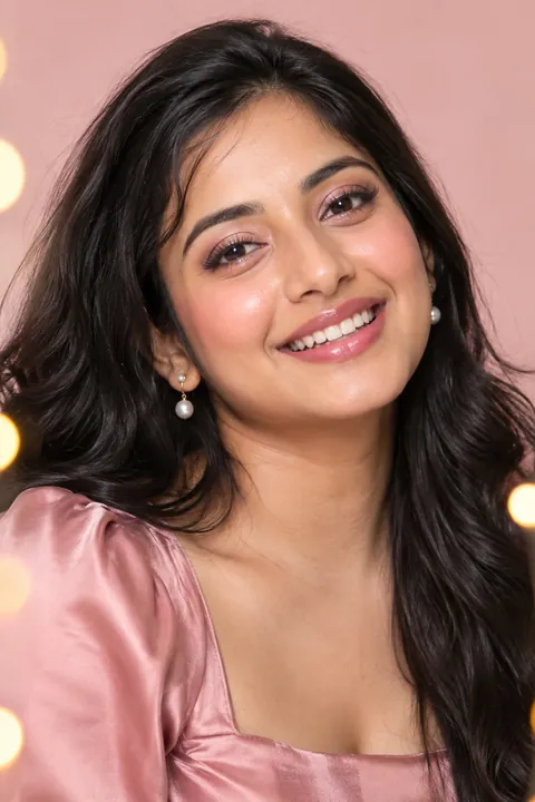 AI-generated look inspiration: a smiling young woman with glowing skin, rose-gold shimmer eyes, rosy pink cheeks and glossy pink lips, dressed in blush pink for a birthday party