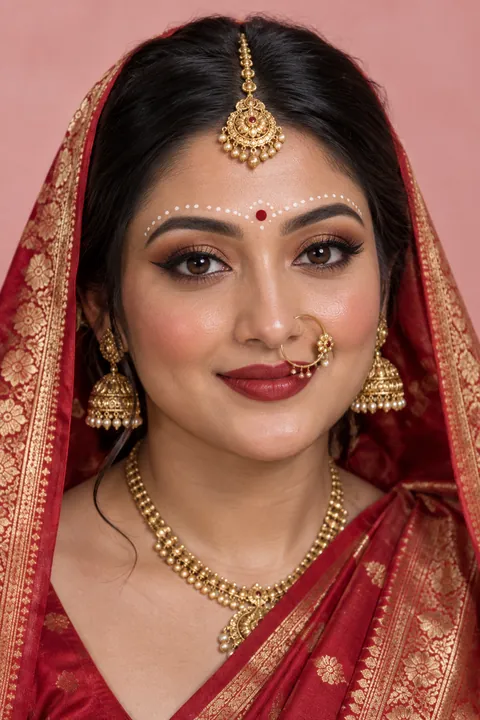 AI-generated look inspiration: an Odia bride in a red silk saree with temple jewellery, luminous skin, bronze winged-liner eyes, deep red lips and white chandan dots above the brows