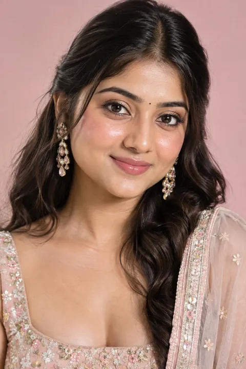 AI-generated look inspiration: a young Indian woman in a pastel blush lehenga with dewy skin, champagne shimmer eyelids, peachy-pink cheeks and glossy pink-nude lips for an engagement ceremony