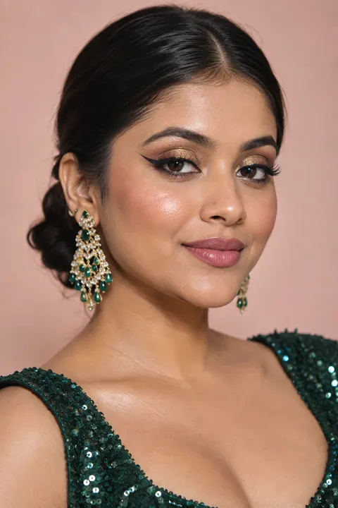 AI-generated look inspiration: a woman with a gold glitter cut-crease, sharp black winged liner, sculpted cheeks and nude-rose lips, wearing emerald for a sangeet or cocktail party